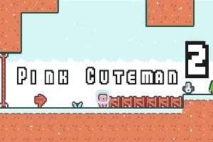 Pantalla de inicio de un videojuego retro con un personaje rosa en un paisaje pixelado