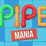 Letras coloridas formadas por tubos con un cartel rojo que dice MANIA sobre un fondo de cuadros azules