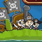 Barco pirata con velas negras y calaveras, y tres personajes con ropa de pirata sobre una isla verde