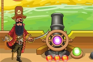 Pirata con sombrero de calavera junto a un cañón en un barco con corazones y esferas de colores