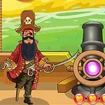 Pirata con sombrero de calavera junto a un cañón en un barco con corazones y esferas de colores