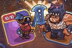 Un pirata animado con un garfio y gorro de calavera junto a un personaje musculoso con máscara de lobo y gran espada azul, sobre tarjetas de poder
