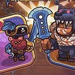 Un pirata animado con un garfio y gorro de calavera junto a un personaje musculoso con máscara de lobo y gran espada azul, sobre tarjetas de poder