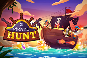 Un barco pirata animado navega en un mar colorido, disparando cañones, con un horizonte al atardecer y el título “Pirate Hunt” sobre un timón