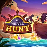 Un barco pirata animado navega en un mar colorido, disparando cañones, con un horizonte al atardecer y el título “Pirate Hunt” sobre un timón