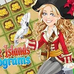Pirata sonriente con sombrero y loro blanco sobre un fondo de cuadrícula numerada con monedas de oro