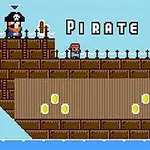 Barco pirata pixelado con monedas doradas y personajes animados