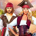 Piratas de pie frente a un paisaje tropical con palmeras y cielo colorido