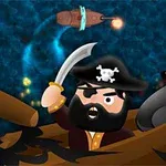 Pirata animado con sombrero negro y parche en el ojo, sosteniendo un sable en un barco de madera, con barcos pequeños disparando en el fondo sobre un mar azul oscuro