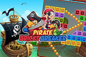 Un barco pirata con bandera de calavera, personajes piratas caricaturescos, un loro con sombrero pirata y un fondo de juego de bloques de colores y bolas amarillas