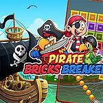 Un barco pirata con bandera de calavera, personajes piratas caricaturescos, un loro con sombrero pirata y un fondo de juego de bloques de colores y bolas amarillas