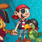 Dos niños disfrazados de piratas con espadas de madera y un loro verde, sobre un fondo azul con diseño de olas