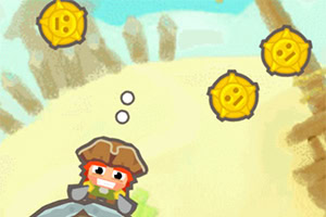 Personaje con sombrero marrón navegando sobre agua y rodeado de monedas doradas en un entorno tropical