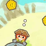 Personaje con sombrero marrón navegando sobre agua y rodeado de monedas doradas en un entorno tropical