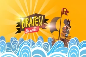 Pirata en un barco con bandera de calavera navegando sobre olas azules bajo un cielo anaranjado con rayos de sol