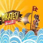Pirata en un barco con bandera de calavera navegando sobre olas azules bajo un cielo anaranjado con rayos de sol