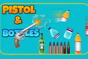 Diseño colorido con el texto Pistol & Bottles, mostrando una pistola disparando a varias botellas y balas en un fondo azul