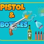 Diseño colorido con el texto Pistol & Bottles, mostrando una pistola disparando a varias botellas y balas en un fondo azul