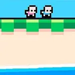 Dos personajes pixelados sobre una plataforma verde con fondo azul claro