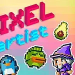 Personajes pixelados junto a las palabras PIXEL artist sobre un fondo degradado de colores