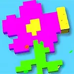 Flor pixelada en tonos rosa y amarillo con tallo verde sobre un fondo azul claro