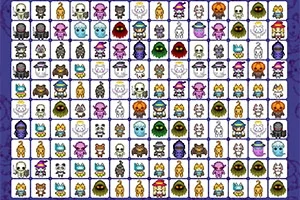 Una cuadrícula llena de diversos íconos coloridos, incluyendo monstruos, sombreros y animales sobre un fondo morado