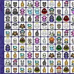 Una cuadrícula llena de diversos íconos coloridos, incluyendo monstruos, sombreros y animales sobre un fondo morado