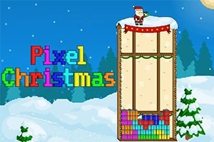Santa Claus con una bebida sobre una plataforma de nieve junto a bloques de colores y el texto Pixel Christmas sobre un fondo invernal