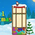 Santa Claus con una bebida sobre una plataforma de nieve junto a bloques de colores y el texto Pixel Christmas sobre un fondo invernal