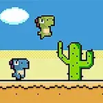 Dinosaurios pixelados de colores saltando sobre cactus en un paisaje desértico con cielo azul