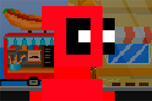 Personaje pixelado en rojo con fondo de un puesto de comida rápida y un edificio