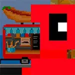 Personaje pixelado en rojo con fondo de un puesto de comida rápida y un edificio