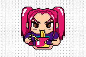 Ilustración en pixel art de una chica con coletas rosas y cejas fruncidas sosteniendo un tazón de ramen con palillos sobre un fondo cuadriculado