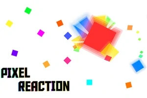 Un diseño colorido con múltiples cuadrados de colores brillantes en movimiento, acompañado por las palabras Pixel Reaction en fuente geométrica