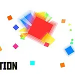 Un diseño colorido con múltiples cuadrados de colores brillantes en movimiento, acompañado por las palabras Pixel Reaction en fuente geométrica