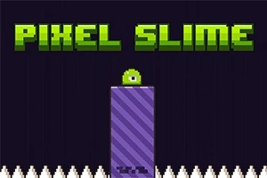 Texto pixelado Pixel Slime en la parte superior, con un bloque púrpura rayado y una criatura verde con un ojo encima, rodeada de picos blancos en la parte inferior