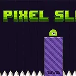 Texto pixelado Pixel Slime en la parte superior, con un bloque púrpura rayado y una criatura verde con un ojo encima, rodeada de picos blancos en la parte inferior