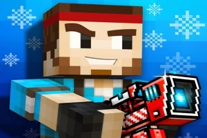 Personaje de estilo pixelado con una diadema roja sosteniendo una pistola futurista con un fondo azul decorado con copos de nieve