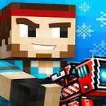 Personaje de estilo pixelado con una diadema roja sosteniendo una pistola futurista con un fondo azul decorado con copos de nieve