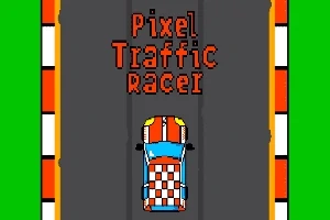 Coche pixelado con diseño colorido en una pista de carreras, con el texto Pixel Traffic Racer arriba