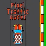 Coche pixelado con diseño colorido en una pista de carreras, con el texto Pixel Traffic Racer arriba