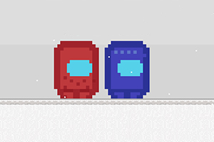 Dos personajes pixelados, uno rojo y otro azul, con pantallas faciales azules en un fondo nevado