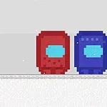 Dos personajes pixelados, uno rojo y otro azul, con pantallas faciales azules en un fondo nevado