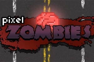 Título Pixel Zombies en letras pixeladas sobre una carretera con una mancha roja