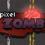 Título Pixel Zombies en letras pixeladas sobre una carretera con una mancha roja