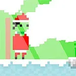 Personaje pixelado con sombrero de Santa Claus frente a un paisaje verde y un suelo cubierto de nieve