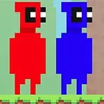 Dos personajes de píxeles, uno rojo y otro azul, se encuentran uno al lado del otro sobre un fondo verde con un tronco de árbol