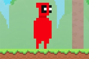 Personaje rojo y pixelado de pie en un entorno de plataforma con árboles y césped