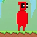 Personaje rojo y pixelado de pie en un entorno de plataforma con árboles y césped