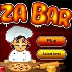 Chef de aspecto animado con gorro blanco sostiene una pizza frente a botones de tutorial, juego y selección de nivel, con el texto Pizza Bar en la parte superior
